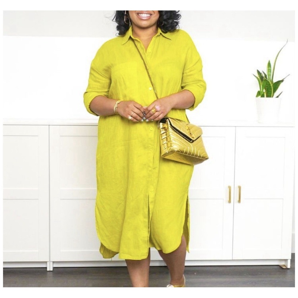 Zara Shirt Dress L Chartreuse Linen Long Sleeve